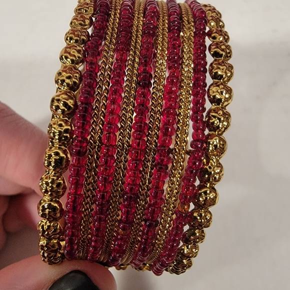 Beaded Hinged Cuff Bracelet, Gold Tone and Red Beads - Picture 10 of 11